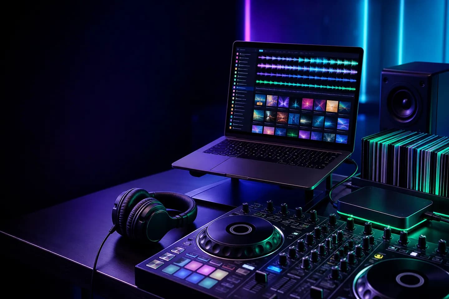 Biblioteca musical digital organizada junto a una consola DJ