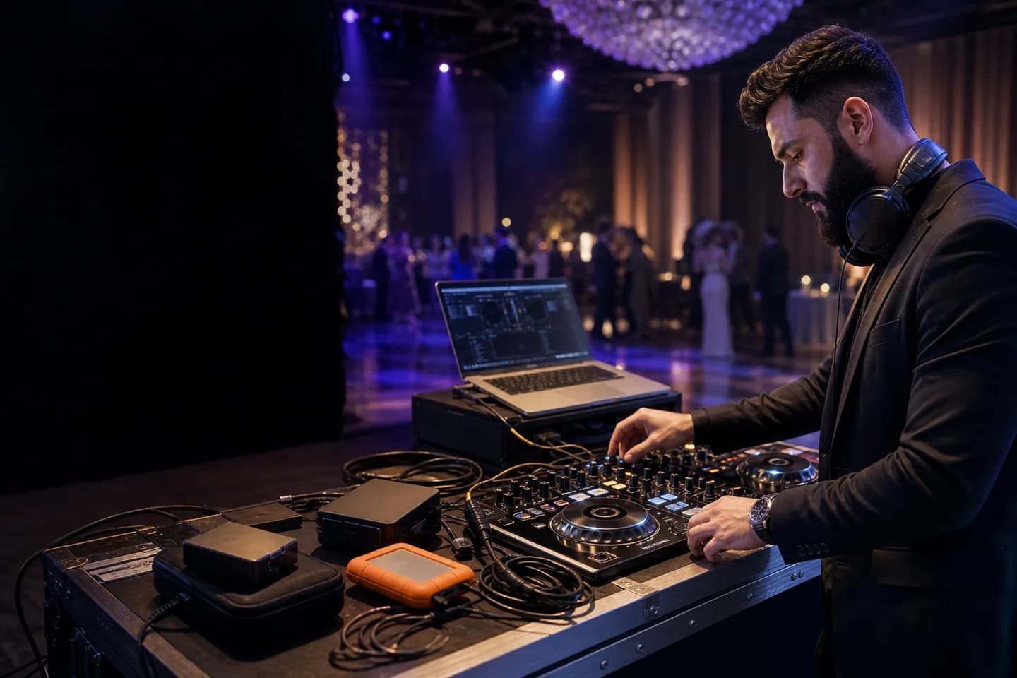 DJ profesional revisando equipo y música antes de un evento
